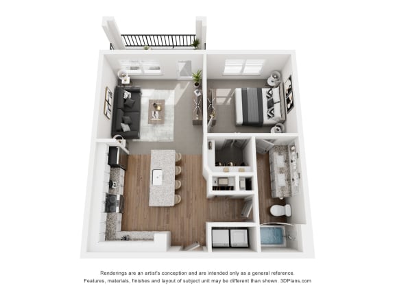 a stylized floor plan of a 1 bedroom apartment