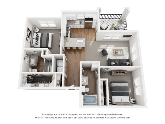 a 3d floor plan of a 2100 sq ft apartment