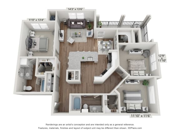 a 3d floor plan of a house with a wood floor