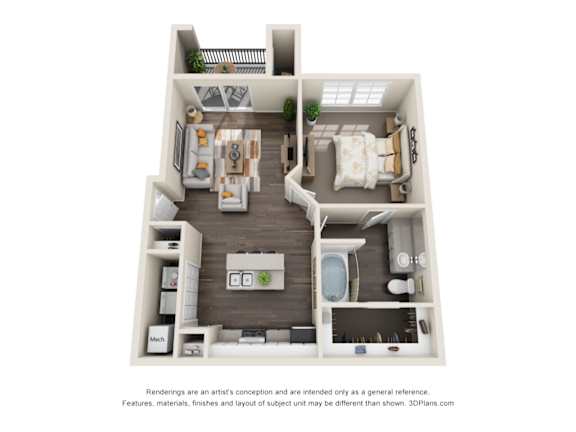 Apartments in Duluth, GA 30096 for Rent – Grande Club - A 3D floor plan of our one bedroom apartments