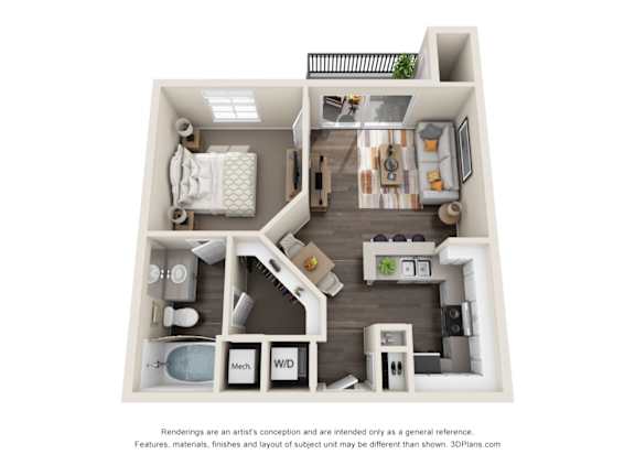 Modern Duluth, GA Apartments – Grande Club – A 3D floor plan of our one bedroom apartments