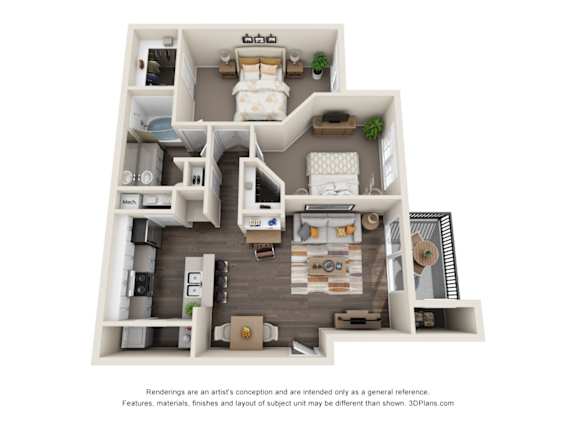 Apartments in Duluth, GA 30096 for Rent – Grande Club - A 3D floor plan of our two bedroom one bathroom apartments