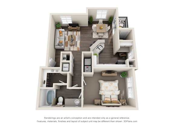 Pet-Friendly Apartments in Duluth, GA– Grande Club – A 3D floor plan of our one bedroom apartments