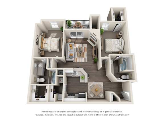 Modern Duluth, GA Apartments – Grande Club – 3D floorplan of our Majestic floorplan that has two bedrooms