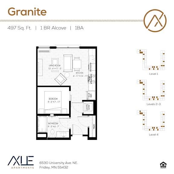 A floor plan for a 1 bedroom apartment at Granite.