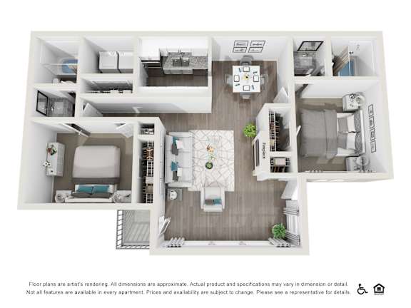 A floor plan of an apartment with a kitchen, living room, and bedrooms.