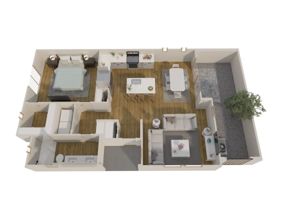 a 3d floor plan of a house with a bedroom and a living room