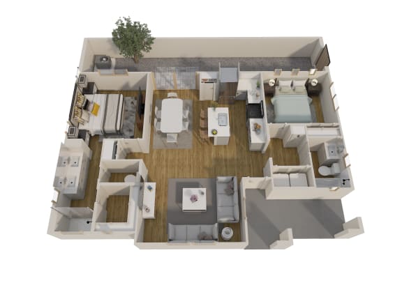 a 3d floor plan of a home with a bedroom and living room