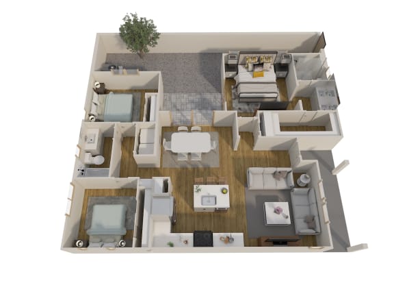 a 3d floor plan of a home with a bedroom and living room