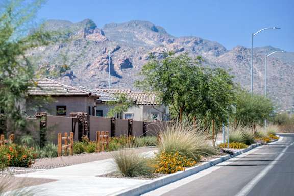 A street with houses and mountains in the background.