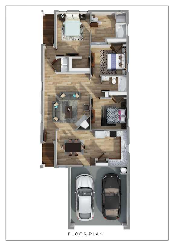 Hawksberry 3D floor plan  3 bedroom 2 bath