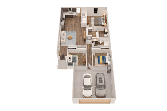 A 3D floor plan of a house with a kitchen, living room, and two bedrooms.