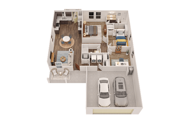 A 3D floor plan of a house with a living room, dining room, kitchen, and two bedrooms.