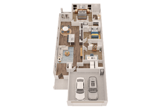 A 3D floor plan of a house with a kitchen, living room, and two bedrooms.
