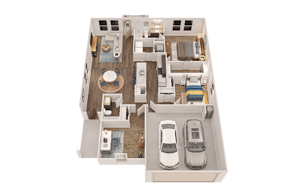 A 3D floor plan of a house with two bedrooms, a living room, a kitchen, a dining room, and two garages.