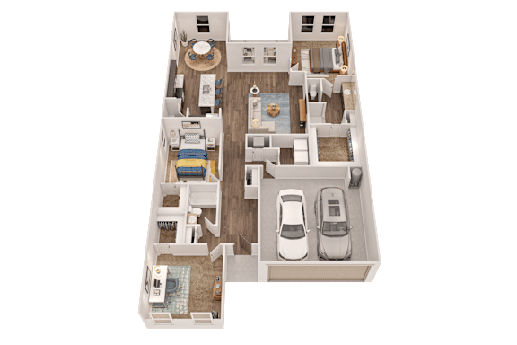 A 3D floor plan of a house with two bedrooms, a living room, a kitchen, a dining room, and a garage.