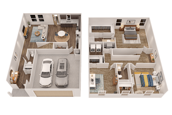 Two images of a house layout with a kitchen, living room, and bedrooms.