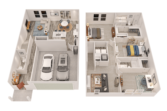 A top down view of a house with two cars parked in the driveway.