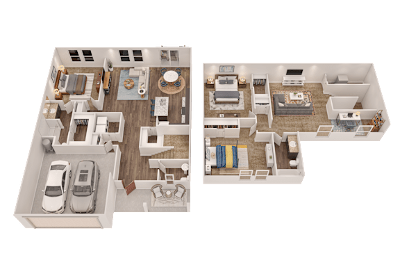 A 3D floor plan of a two-bedroom apartment with a garage.