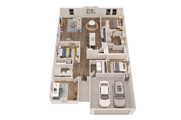 A floor plan of a house with a garage and a swimming pool.