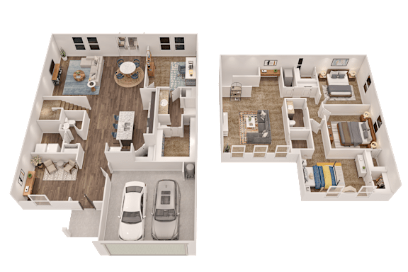 Two floor plans of a house with a car parked in the driveway.