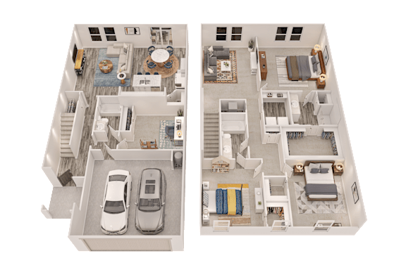 A cutaway diagram of a house showing the interior layout of two floors.