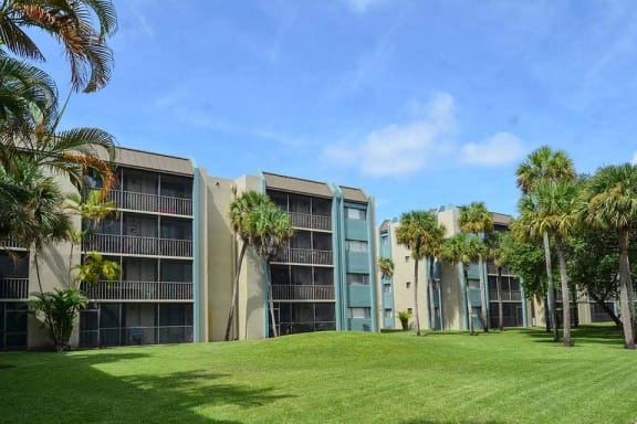 a grassy area with palm trees in front of an apartment building