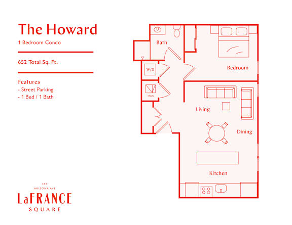A floor plan of a one bedroom condo named The Howard.