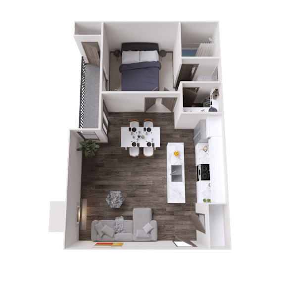A top-down view of a small, well-organized apartment with a bed, a couch, a dining table, and a kitchenette.