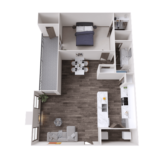 A top-down view of a small apartment with a bedroom, living room, and kitchen area.