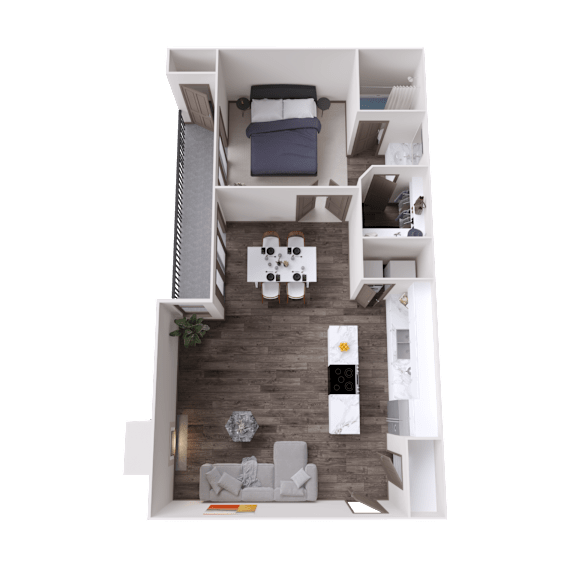 A top-down view of a modern apartment with a living room, kitchen, and bedroom.