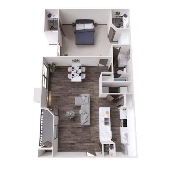 A top-down view of a small, well-organized apartment with a bed, a dining table, and a kitchenette.