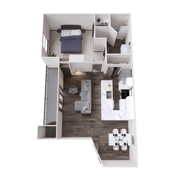 A top-down view of a small apartment with a bed, couch, and dining table.