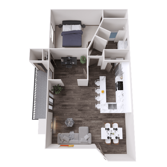 A top-down view of a modern apartment layout with a living room, kitchen, and bedroom.