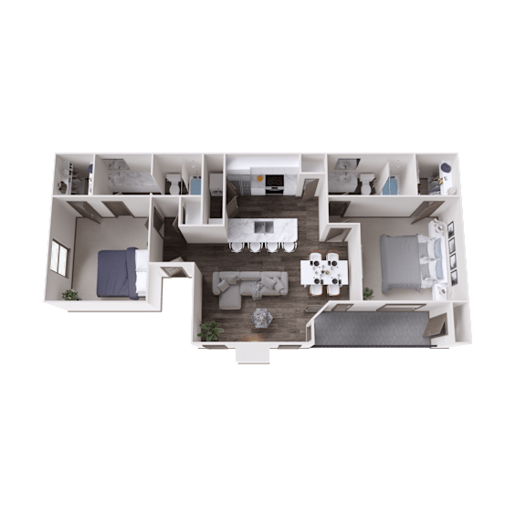 A top-down view of a modern apartment layout with a kitchen, living room, and bedrooms.
