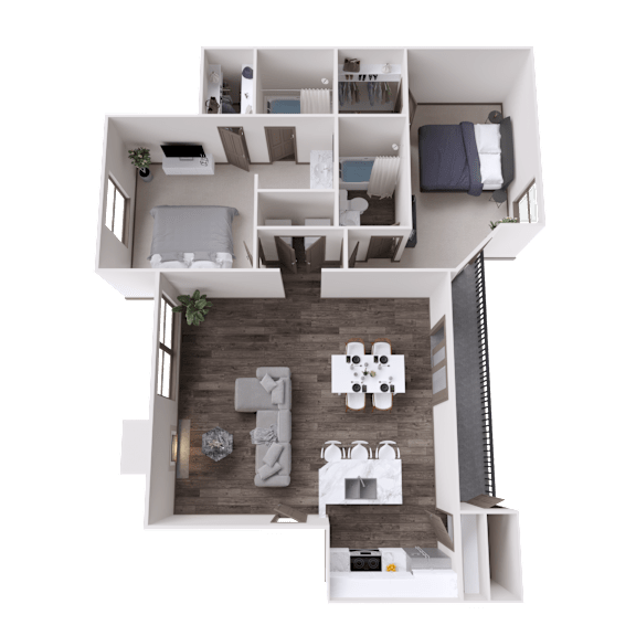 A 3D floor plan of a small apartment with a living room, kitchen, and bedrooms.