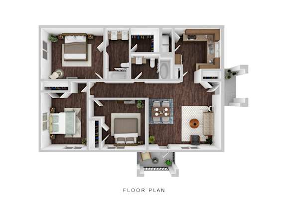 A floor plan of a house with a living room, kitchen, dining room, and two bedrooms.