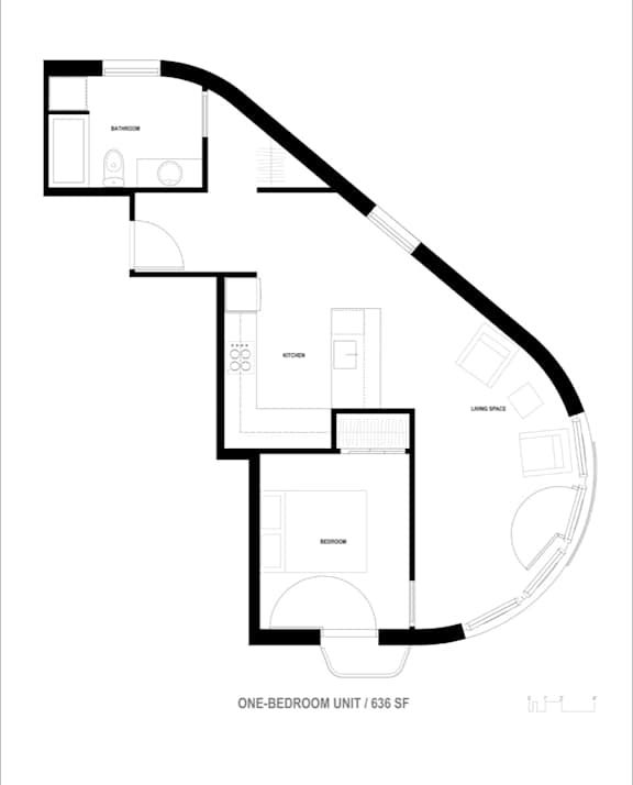 A black and white image of a one-bedroom unit floor plan.
