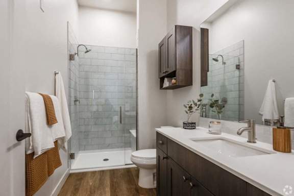 A bathroom with a white sink, a toilet, a shower with a glass door, and a mirror above the sink.