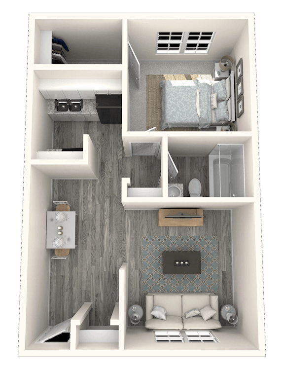 A 3D rendered image of a small apartment layout.