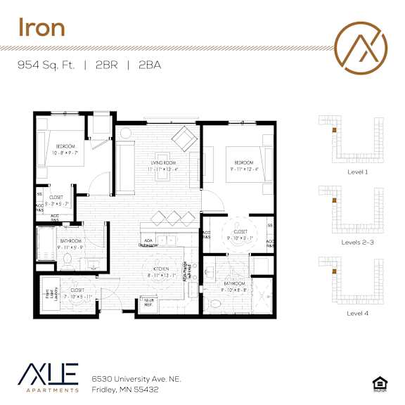 A floor plan for a 2 bedroom, 2 bathroom apartment.