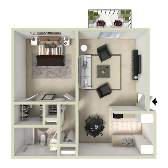 A 3D floor plan of a small apartment with a living room, kitchen, and bathroom.