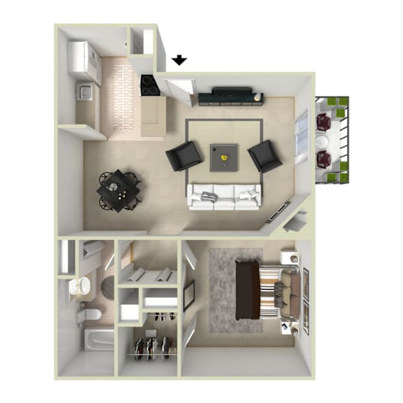 A floor plan of a small apartment with a kitchen, living room, and bathroom.