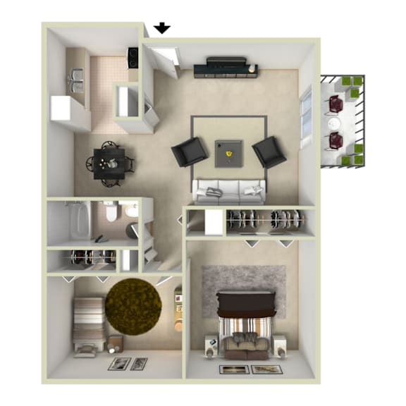 A 3D rendered image of a house layout.