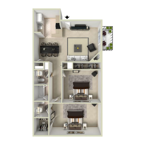 A 3D floor plan of a small apartment with a kitchen, living room, and bathroom.