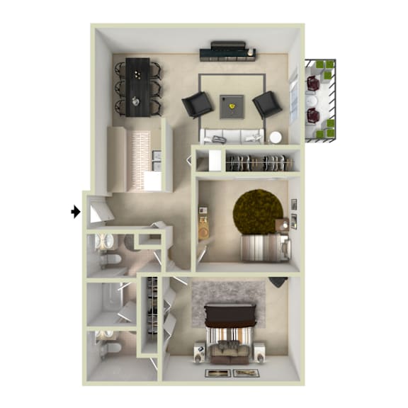 A 3D floor plan of a small apartment with a living room, kitchen, and bedroom.