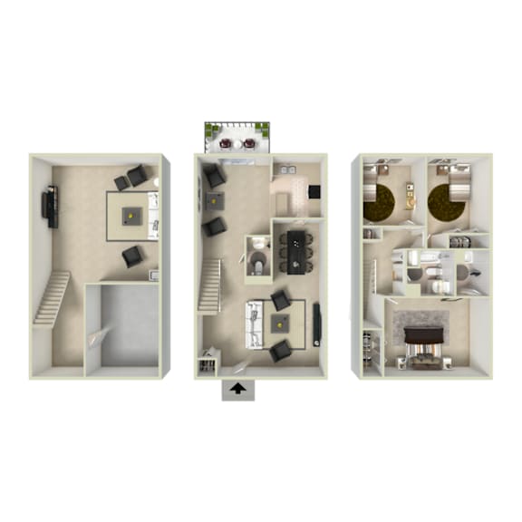 Three different layouts of a dollhouse apartment are shown.