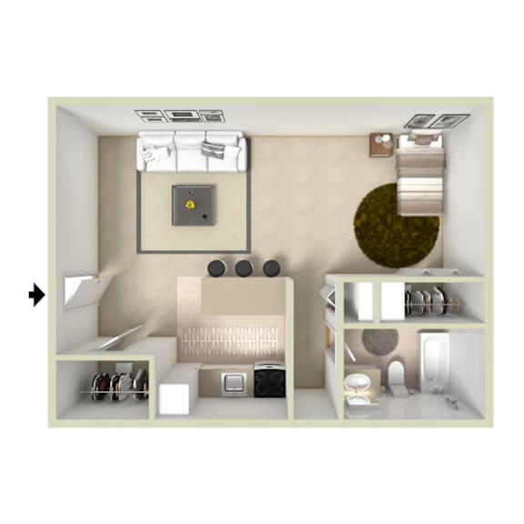 A 3D floor plan of a small apartment with a kitchen, living room, and bathroom.