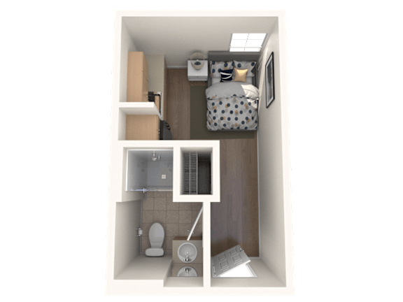 A small bathroom with a toilet, sink, and a bed in the corner.