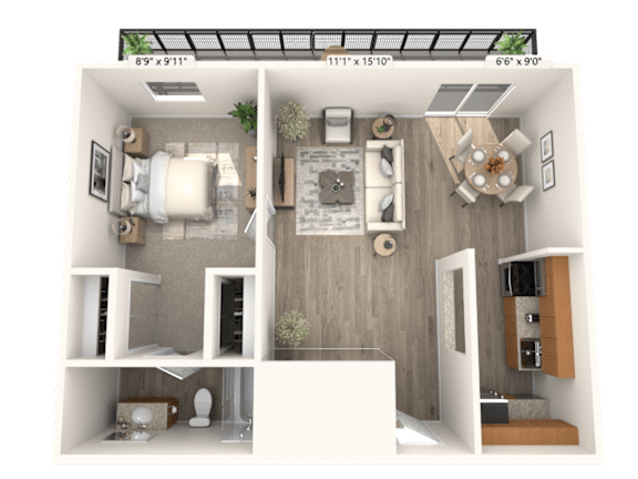 A 3D floor plan of a small apartment with a living room, kitchen, and bedroom.